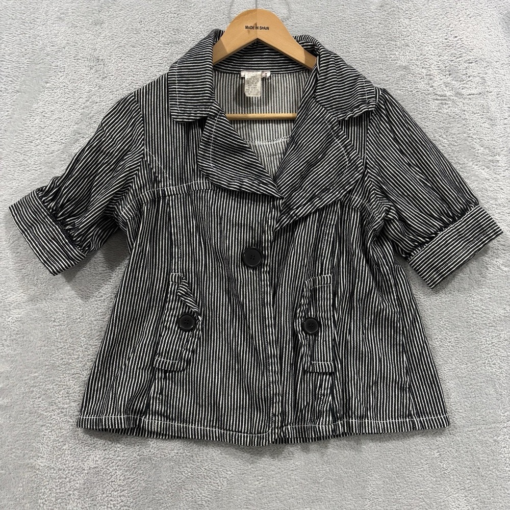 VTG Luna Chix Button Jacket Women's Medium Seersucker Striped Short Sleeve Black